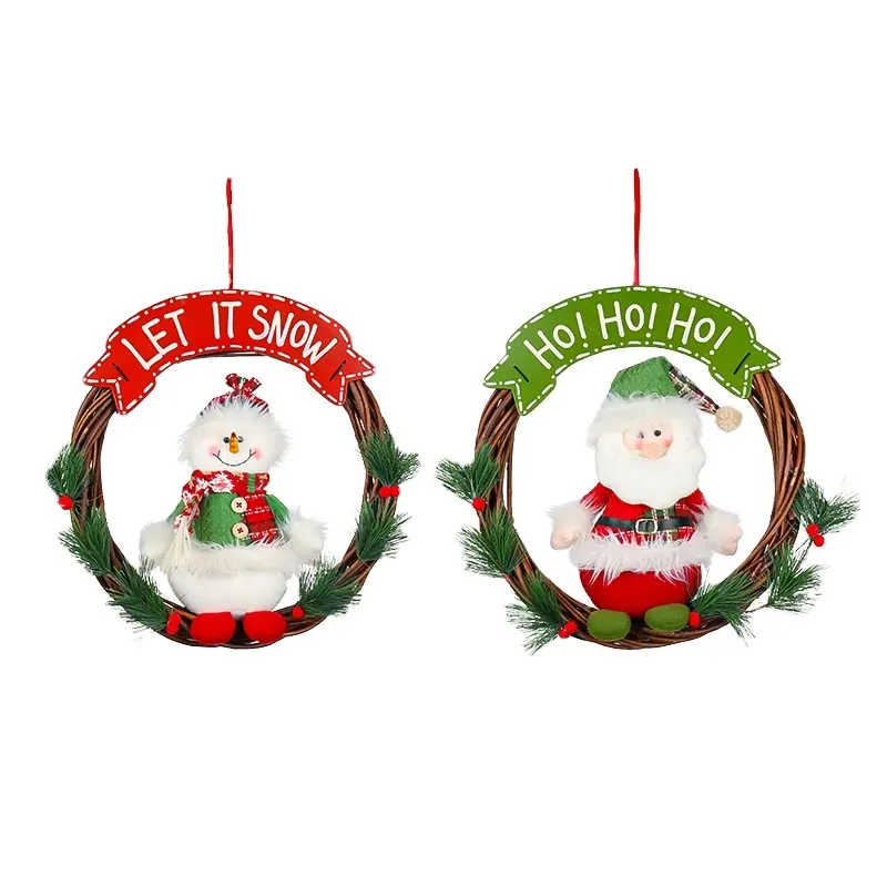 EAGLEGIFTS 2023 Hot Sale Christmas Party Decor Tree Hanging Wooden Rattan Wreath Pendant With Santa Snowman