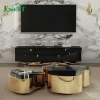 Meuble TV Moderne de Luxe Personnalisé en Bois avec Plateau en Marbre, Poignées Sculpturales Dorées, Solution de Rangement Écologique pour Salon