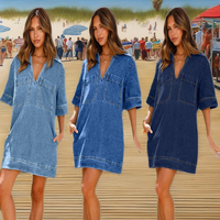 Robe en jean tissée décontractée pour femmes avec col en V profond et poches à col demi-manche lavables pour l'automne et l'été
