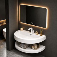 Cermin LED Vanity Kamar Mandi Dinding dari Batu Buatan Mewah dengan Kabinet Material Solid Surface untuk Hotel Modern