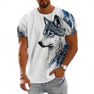 T-shirt à manches courtes pour homme en coton imprimé loup, col rond, coupe classique, motif animal, tissu jersey respirant - Product Image 1