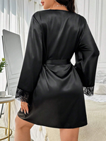 Sfy-y5124 2025 chambre maison dames peignoir contraste dentelle Sexy chemise de nuit couleur unie Satin Robe à manches longues pyjama ensemble