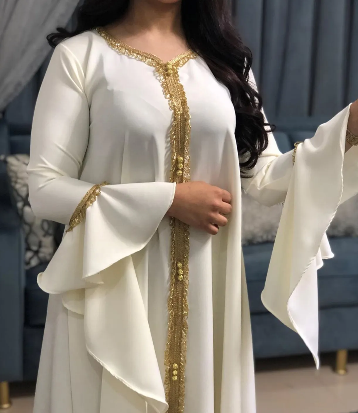अरबी पोशाक लटकन सफेद Abaya महिलाओं Djellaba मुस्लिम फैशन इस्लामी कपड़े के लिए लड़कियों कमल आस्तीन वस्त्र प्लस आकार Boubou आइएसएल