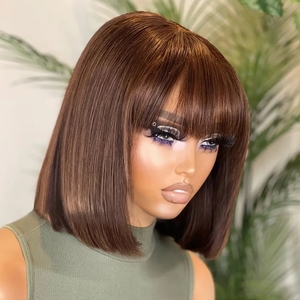 Perruque Carrée Droite Bob Complète et Épaisse <span class=keywords><strong>avec</strong></span> <span class=keywords><strong>Frange</strong></span> Couleur Chocolat 4# Cheveux Humains Indiens Courts et Lisses - Product Image 1
