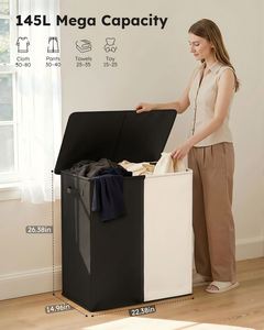 Cesto de Ropa Sucia Doble de 145L con Tapa, Cesto con Dos Compartimentos y Bolsas Extraíbles, Cesta Plegable de 2 Secciones con Tapa - Product Image 3