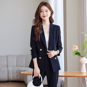 Women's Navy Blue Suit Set Double Breasted Solid Color Anti-Wrinkle Polyester Casual Wear For Office And Interviews - Product Image 4