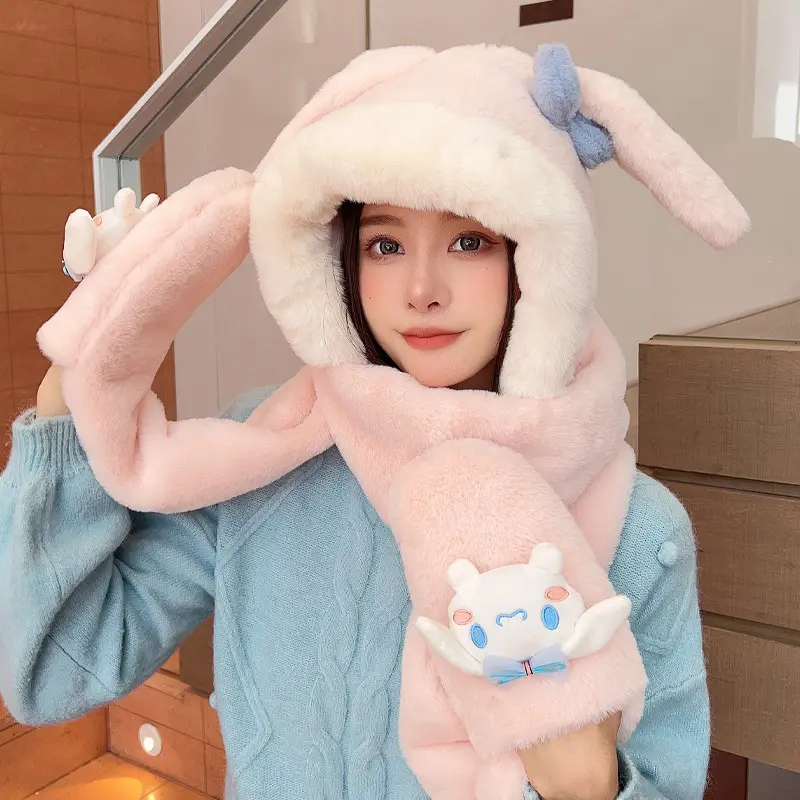Factory Direct Sales Winter Women Girls Thickened Cartoon Anime Dog Outdoor Walking Warm Cute Plush Gloves Scarf Hat