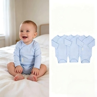 Sunnozy Lot de 3 bodys bébé à fermeture latérale 0-3 mois, 100% coton, manches longues, kimono, combinaison douce unisexe pour nouveau-né, barboteuse unie