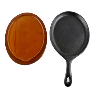 Pre-seasoned Cast Iron Oval <strong>Pan</strong> with Wooden Tray Ideal for Grilling Serving Griddle <strong>Grill</strong> <strong>Pan</strong> - Product Image 4