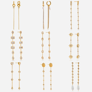 <b>Tassel</b> Drop <b>Earrings</b> 18K Stainless Steel Zircon Geometric Design Everyday Wear Prong Setting Line Pattern - Product Image 1