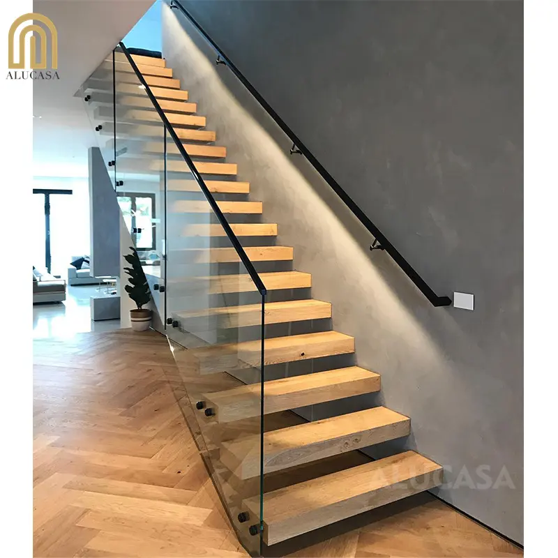 Alucasa Escaleras rectas Escalera de vidrio de madera Casa de diseño moderno para escalera interior flotante de acero