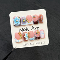 Faux ongles carrés en acrylique à presser, thème Océan, fleurs bleues 3D, hippocampes, breloques métalliques dorées, ongles d'automne, strass, réutilisables pour femmes