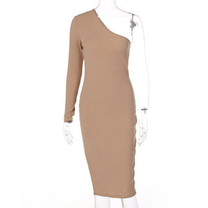 Abito Midi monospalla a righe tinta unita lavorato a maglia da donna manica lunga - Product Image 1