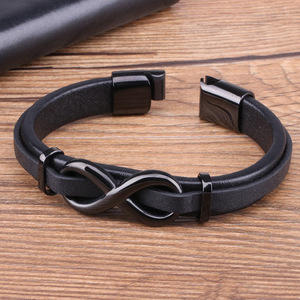 Bracelet Infinity en cuir PU noir, alliage de zinc plaqué or, unisexe, chaîne classique, bracelet cadeau - Product Image 5