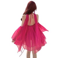 Robe mi-longue bohème sexy d'été en tissu respirant avec manches épaules dénudées et col halter