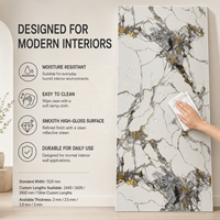 Panneau mural en PVC imperméable à haute brillance MORLENX, marbre gris fumé avec veines dorées, pour intérieurs de luxe