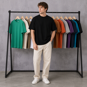 T-shirt <span class=keywords><strong>Homme</strong></span> Oversize de Luxe en Coton Lourd 210 GSM, Coupe Boxy Épaules Tombantes, Style Streetwear, Logo Personnalisé, Vierge - Product Image 1