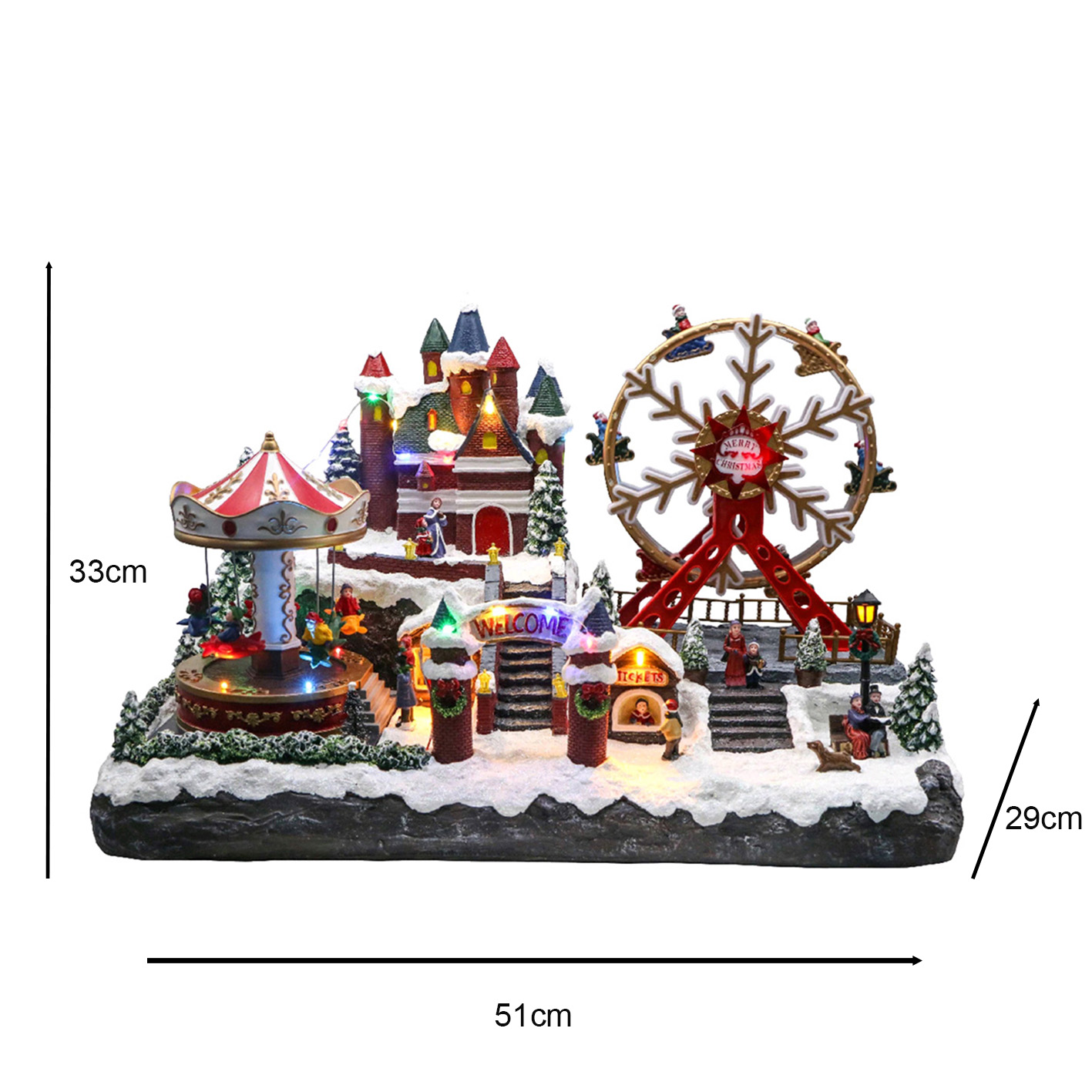 Château de Noël avec la lumière menée, carrousel mobile, roues de Ferris mobiles