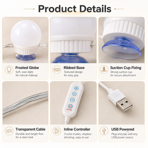 USB <b>LED</b> Vanity <b>Mirror</b> Light with Suction Cups 10 Bulbs 3 Light Colors Dimmable Makeup <b>Mirror</b> Lighting Kit - Product Image 4