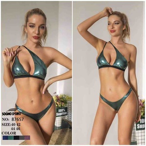 Set Bikini HDJ Verde Metallizzato 40 42 44 46, Costume da Bagno Donna, Halter Incrociato con Perizoma, in Spandex Elasticizzato e Poliestere - Product Image 1
