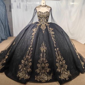 Abito da Quinceañera con Corpetto a Cuore, Applicazioni in <span class=keywords><strong>Pizzo</strong></span> e Perline, <span class=keywords><strong>Vestito</strong></span> da Ballo <span class=keywords><strong>Nero</strong></span> per 15-16 Anni Mcd06 - Product Image 2