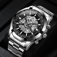 Jam Tangan Skeleton BINBOND Pria, Baja Anti Karat, Tanggal, Mesin Quartz, Jam Mewah Pria, Perak Hitam, Baja Anti Karat, Jam Tangan Pria, Reloj