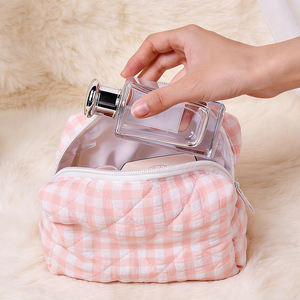 Vente chaude <span class=keywords><strong>en</strong></span> gros, trousse de maquillage matelassée élégante personnalisée, imprimé floral à carreaux, organiseur de cosmétiques quotidien - Product Image 1