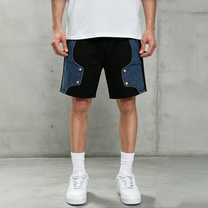 Pantalones Cortos de Mezclilla para Hombre, Diseño de Parches en Negro y Azul, Decoración con Remaches, Corte Holgado, Estilo Casual de Verano, Jeans Cortos - Product Image 1