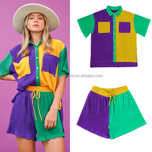 Wholesale Custom logo Shirt Short Sleeve <strong>Tops</strong> Shorts Color Block <strong>Plisse</strong> Women Two Piece Set Mardi Gras Sets - Product Image 1