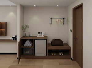 Mobilier commercial pour chambre d'hôtel 3 étoiles, ensemble complet de chambre à coucher avec lits, tables de chevet, meubles TV et armoire pour mini-réfrigérateur - Product Image 4