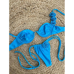 Nieuwe Tweedelige Effen Kleur Bikini 3d Bloem Badpak Push Up Sexy Bikini Set - Product Image 3