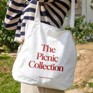 Wholesale Picnic Collection <b>Canvas</b> Tote Bag <b>Large</b> Size Shoulder Handle Casual Daily Use Drawstring Closure White Red Print - Product Image 1