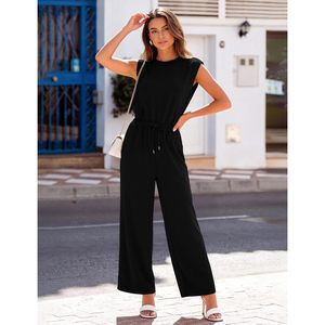 Mono sin mangas de pierna ancha para mujer, de cintura alta con cordón, transpirable, de una pieza, con bolsillos, para uso diario - Product Image 6