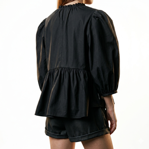 Vietnam Manufacturer Women's Black Poplin Blouse With <b>Balloon</b> Sleeves Slash Neck Bow Detail Loose Fit Modern Romantic Style - Product Image 4