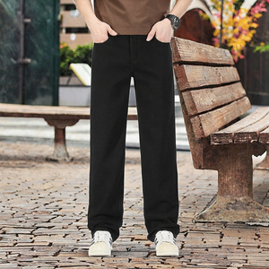 Jean en denim noir coupe droite pour homme, taille mi-haute, en coton délavé, style décontracté vintage pour l'automne - Product Image 3