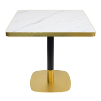 Table à manger carrée en pierre frittée veinée de marbre blanc, base à piétement unique en acier inoxydable noir et or bicolore