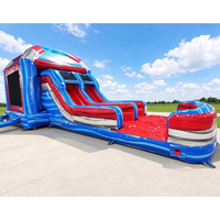 Combo gonflable aquatique et sèche Marbre Rouge et Bleu, avec toboggan de course à double piste, toboggan aquatique et piscine à jets d'eau