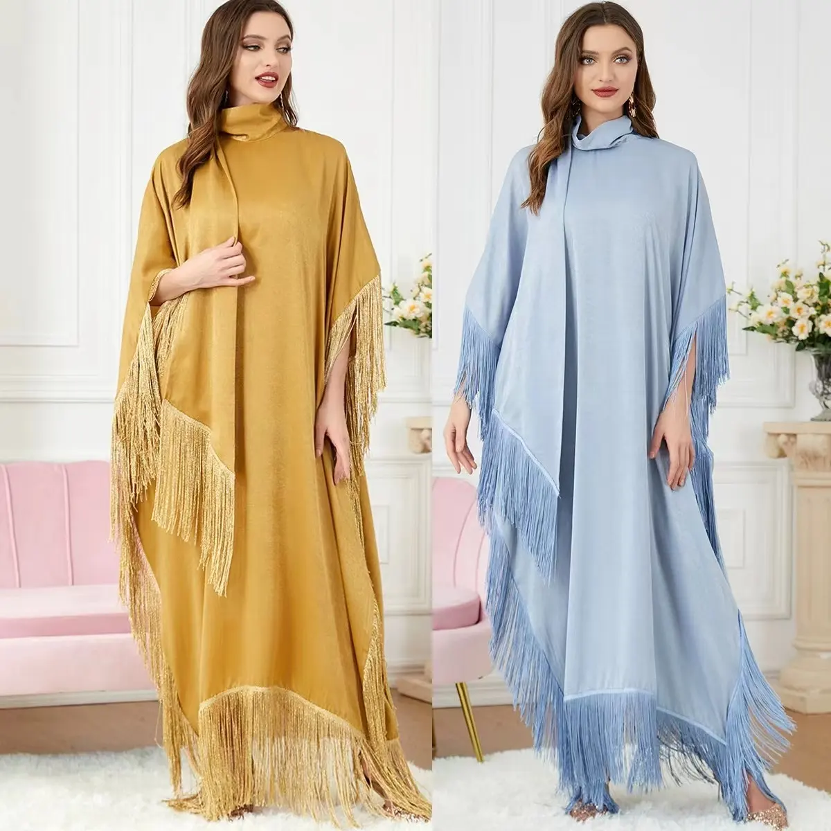 Islam giyim düz renk müslüman kadınlar türk Abaya uzun kollu Maxi elbise püskül Marocain Kaftan ile