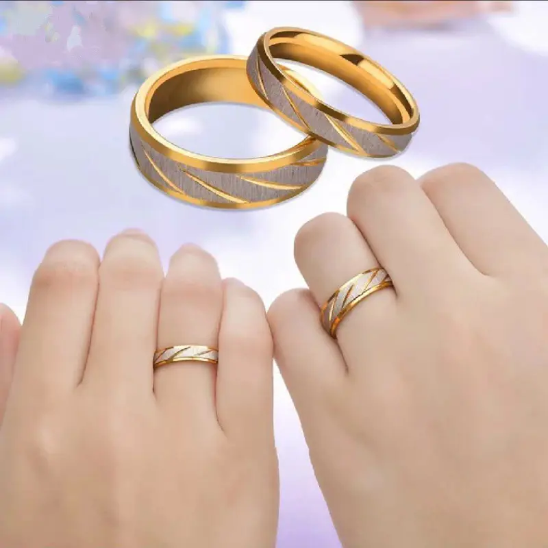 Fashion Flower Striped Wedding Rings Gold 18K Stainless Steel Couple Ring