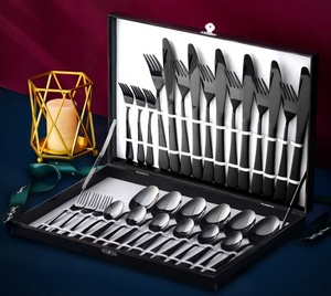 Posate nere 24 pezzi in acciaio inox Set cucchiai forchette e coltello <span class=keywords><strong>cena</strong></span> <span class=keywords><strong>per</strong></span> festa di famiglia matrimonio - Product Image 5