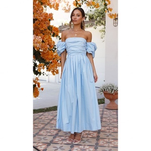 Vestido de Princesa Asimétrico de Encaje Ecológico para Primavera y Otoño, Color Azul Cielo, Estilo Mini con Hombros Descubiertos - Product Image 1