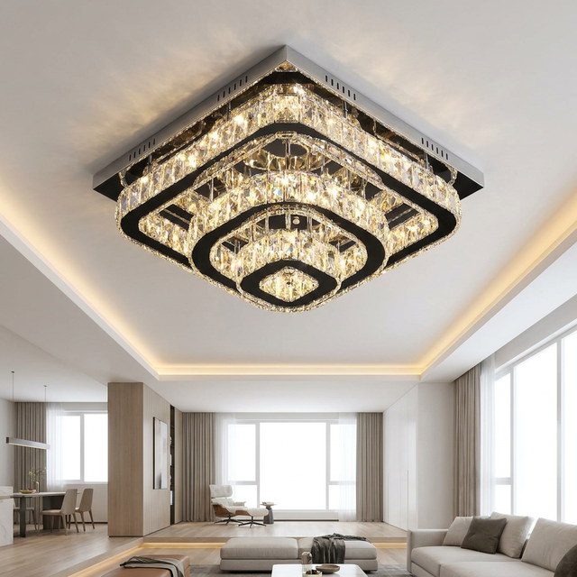 Modern Minimalist Luxury Square LED Crystal Ceiling Lamp High-Grade Stainless Steel Remote Control Neutral White Lighting