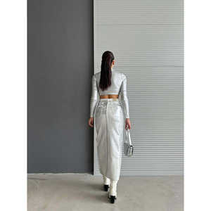 Jupe en jean décontractée vintage ornée de feuille d'argent, coupe crayon sexy, style streetwear pour automne, hiver, été, délavée et vieillie - Product Image 1