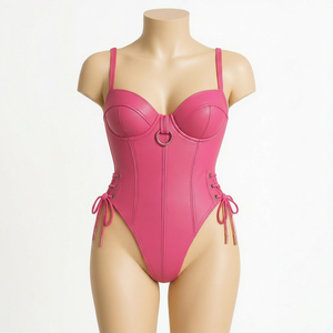 Body de una pieza de piel sintética rosa con soporte de aros y cordones laterales para mujer - Product Image 1