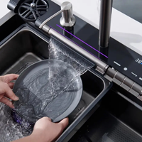 Robinet cascade numérique intelligent à LED Grand évier de cuisine bionique multifonction en acier inoxydable moderne à deux trous Nano de lavage