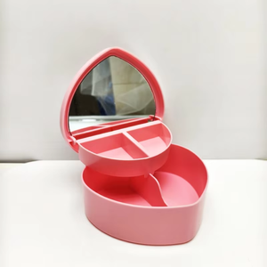 <b>Heart</b>-<b>Shaped</b> Plastic Jewelry <b>Box</b> With Mirror, 2-Layer Pink Plastic Storage Organizer For Small Jewelry - Product Image 1