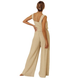 Y307002 Mujeres Casual Algodón <span class=keywords><strong>Lino</strong></span> Traje Suelto <span class=keywords><strong>Chaleco</strong></span> sin mangas y pantalones de pierna ancha Conjunto de 2 piezas Trajes de verano - Product Image 5