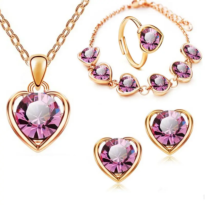 Fashion Crystal Heart-shaped Necklace Earrings Ring Bracelet 4pcs/sets for Women Wholesale 8 Colors gold plated jewelry Sets