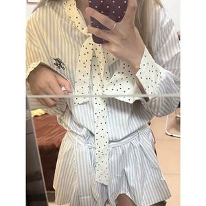 Korean Style Striped Patchwork Dress Long Sleeve Bow Neckline Tight Waist Casual Daily Wear Blue White Stripes Polyester - Product Image 3