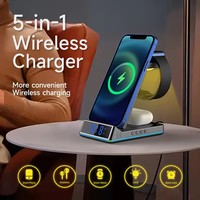 Premium kwaliteit 5-in-1 snel draadloos oplaadstation, 15W opvouwbare draadloze oplader met wekker en nachtlampje